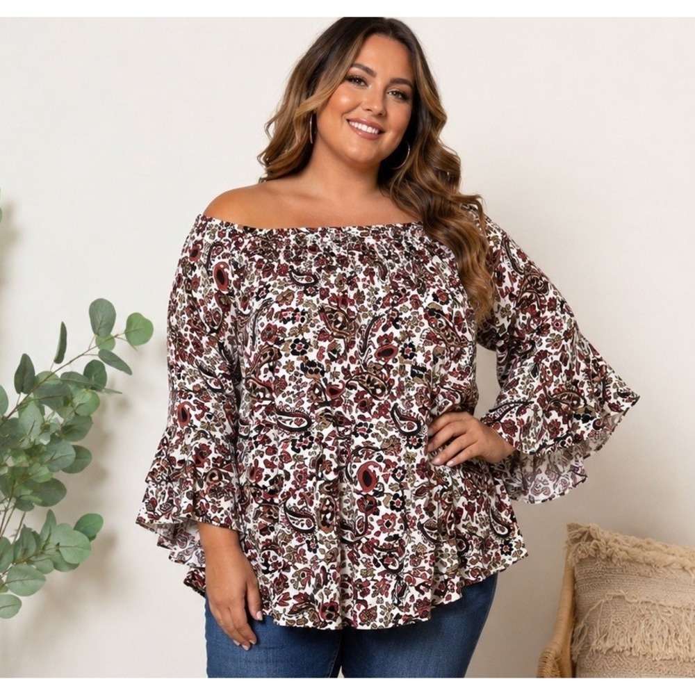 Cato Plus Size 18/20W Paisley Boho Off Shoulder Bell Sleeve Blouse